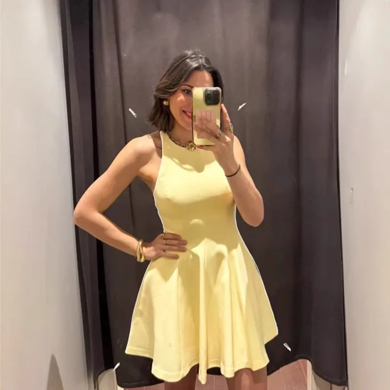 

Pure Desire Style Sexy Sleeveless Halter Slim Fit Mini Waist Cinching Solid Color Dress Women Summer European style