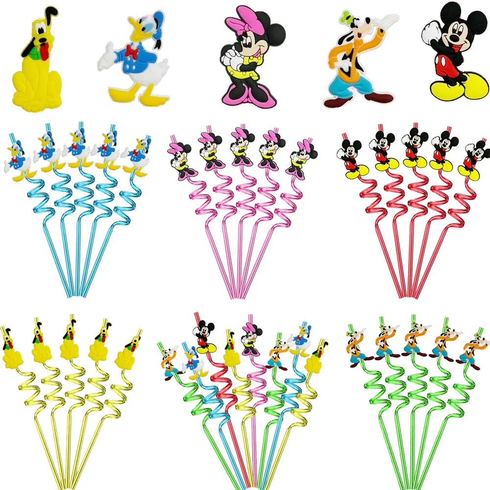 6/12 PCS Mickey Mouse straw birthday decoration Pink Minnie Mouse Decoration & Accessories table Reusable straws  Baby Shower