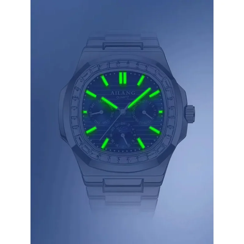AILANG Luxury Octagonal Square Men Quartz Watch Waterproof Moon Phase Week Date Stainless Steel Wristwatch