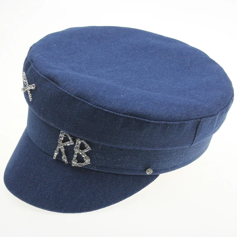

WinterBlack Military Hats For Women Fashion Denim Navy Cap Rhinestones Casual Caps Lady Celebrity Beret Tide Sailor Hat