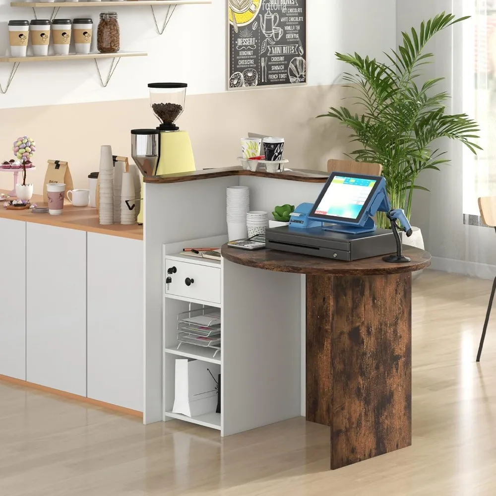 Balcão de recepção com fechadura de 48 polegadas com prateleira de armazenamento e mesa em forma de L para uso em salão de beleza