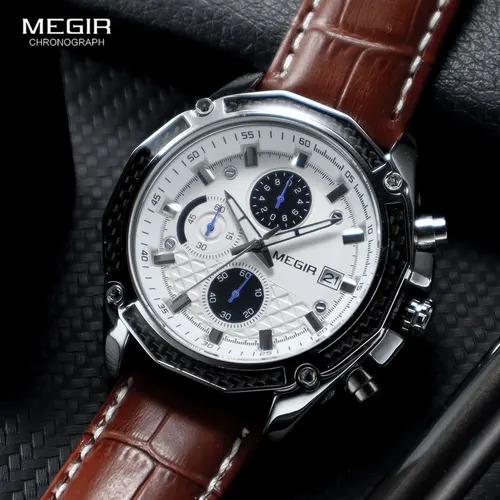 Imagen 2 del producto Relojes MEGIR de cuarzo para hombre, relojes de cuero genuino, relojes de carreras para hombres, juego de estudiantes, reloj cronógrafo para correr, manecillas brillantes para hombre 2015G