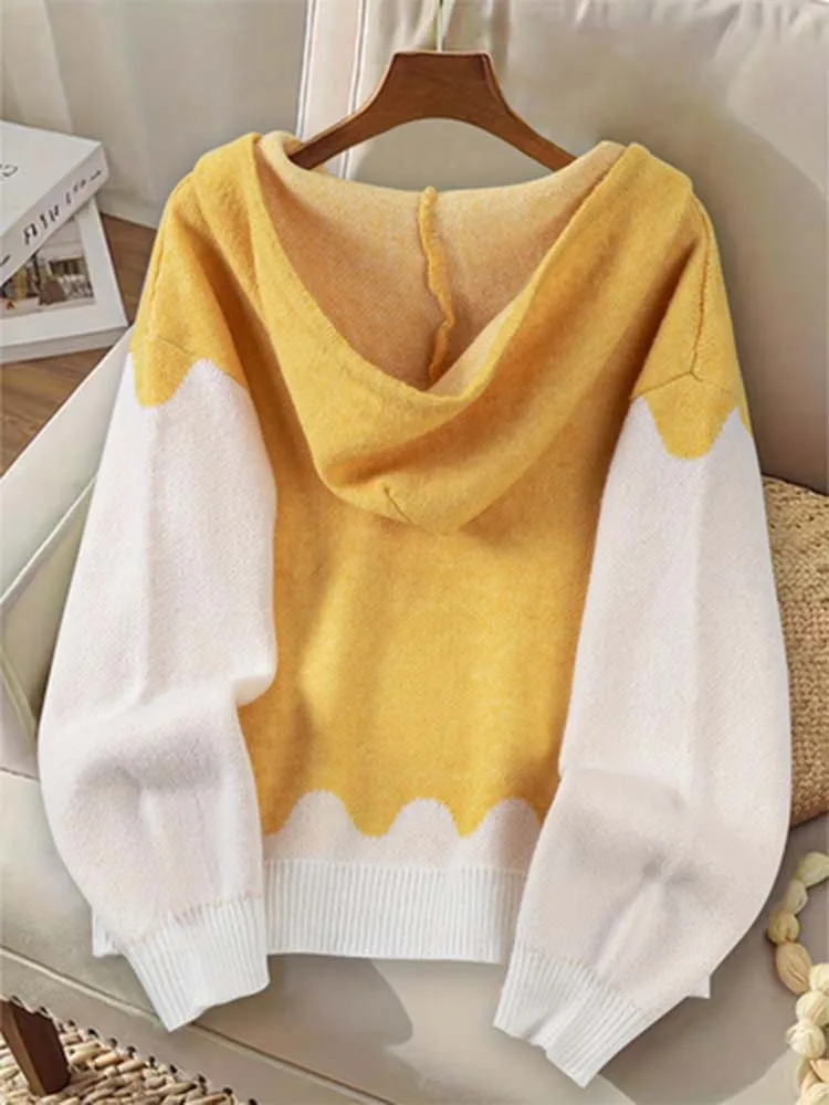 Women's contrast drawstring hooded long-sleeved sweater, loose, fashionable, elegant and versatile age-reducing women's sweater