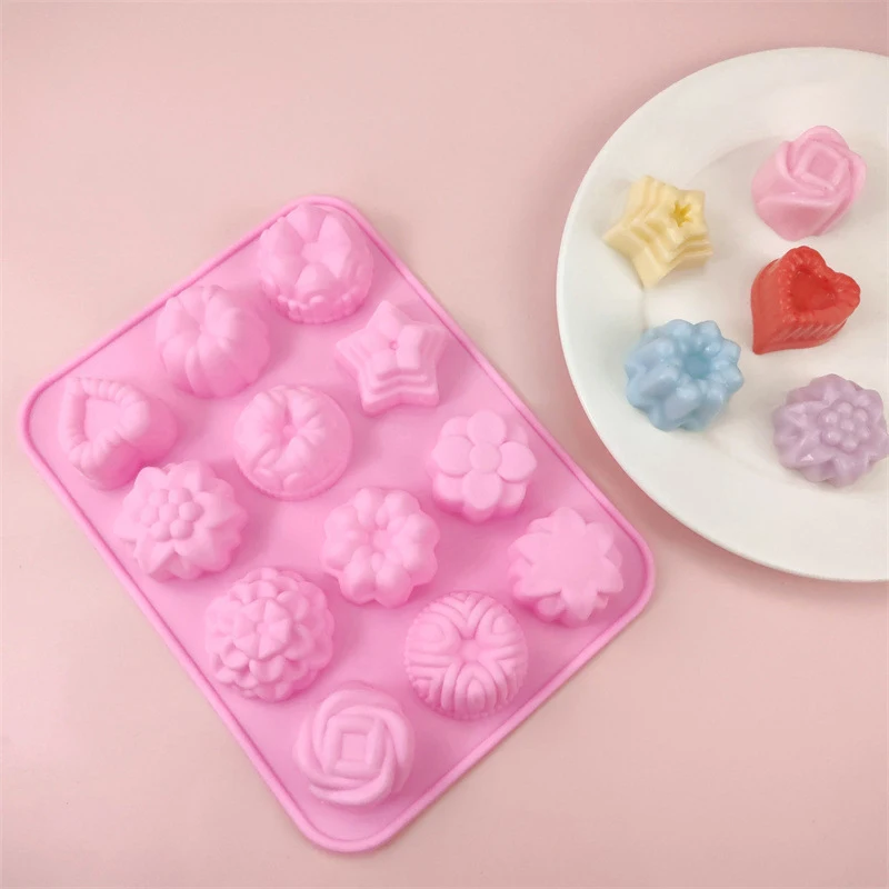 12 Holes Silicone Pastry Chocolate Molds For Oven Individual 3D Mini Dessert Flowers Heart Star Muffins Cupcake Baking Pan Tray