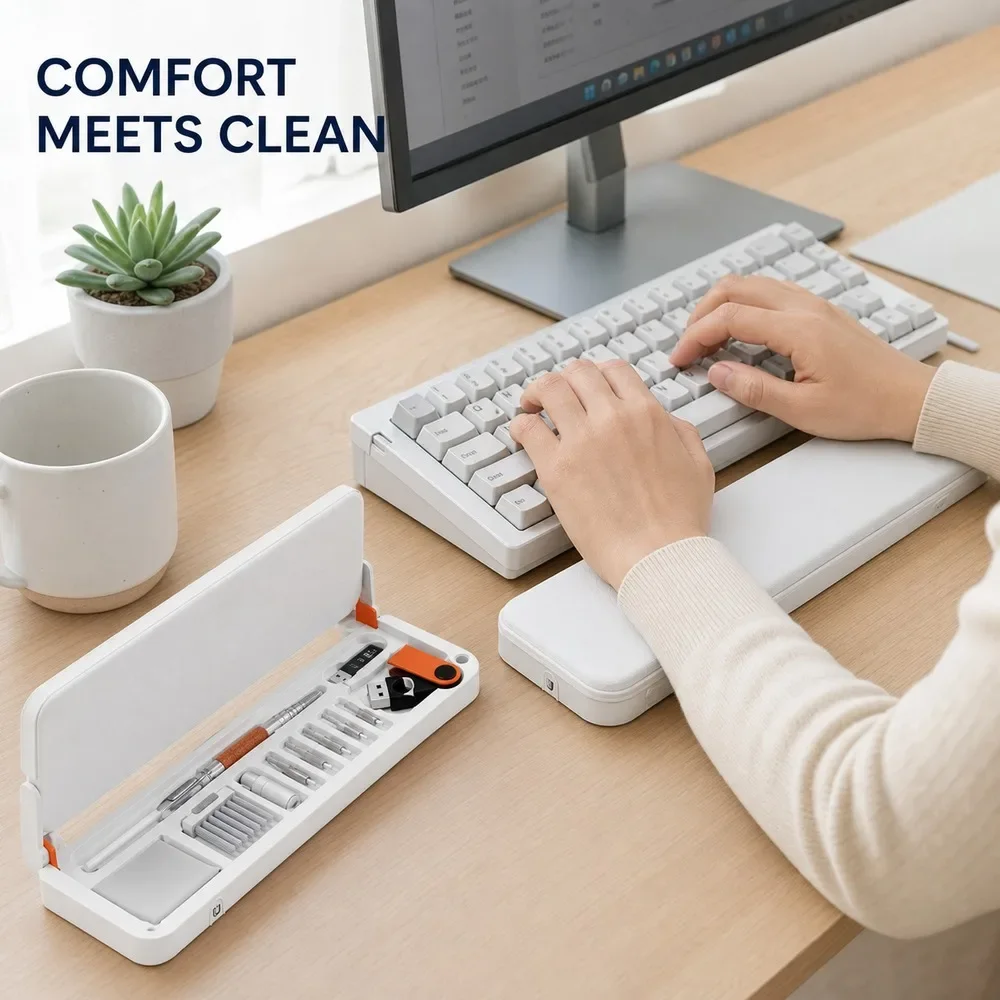 Multifunction Keyboard Wrist Rest 22PCS Electronics Cleaning Tool Kit For Keycaps Screen Earbuds Ports Laptop And Phone 06