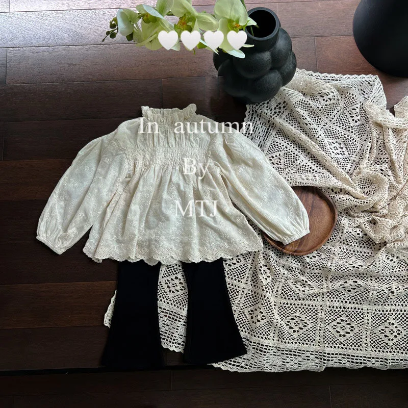 2024 Autumn Korean Girls Blouses Princess Long Sleeve Tops Cotton Lace Embroidery Baby Girl\'s Doll Shirts Kids Clothes