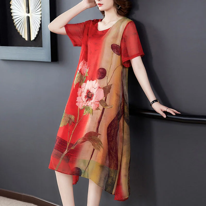 2023 Female New Korean Chiffon Dress Mother summer Flowers Middle-aged Elderly High-end Silk Dress Women Mid Length A-line Skirt