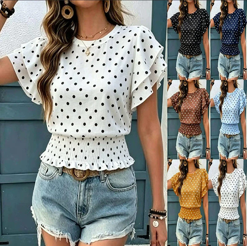 

Summer Elegant Ladies Polka Dots Print Shirts Fashion Sweet Ruffles Blouses Women's Short Sleeve Shirt Top For Casual Daily Wear