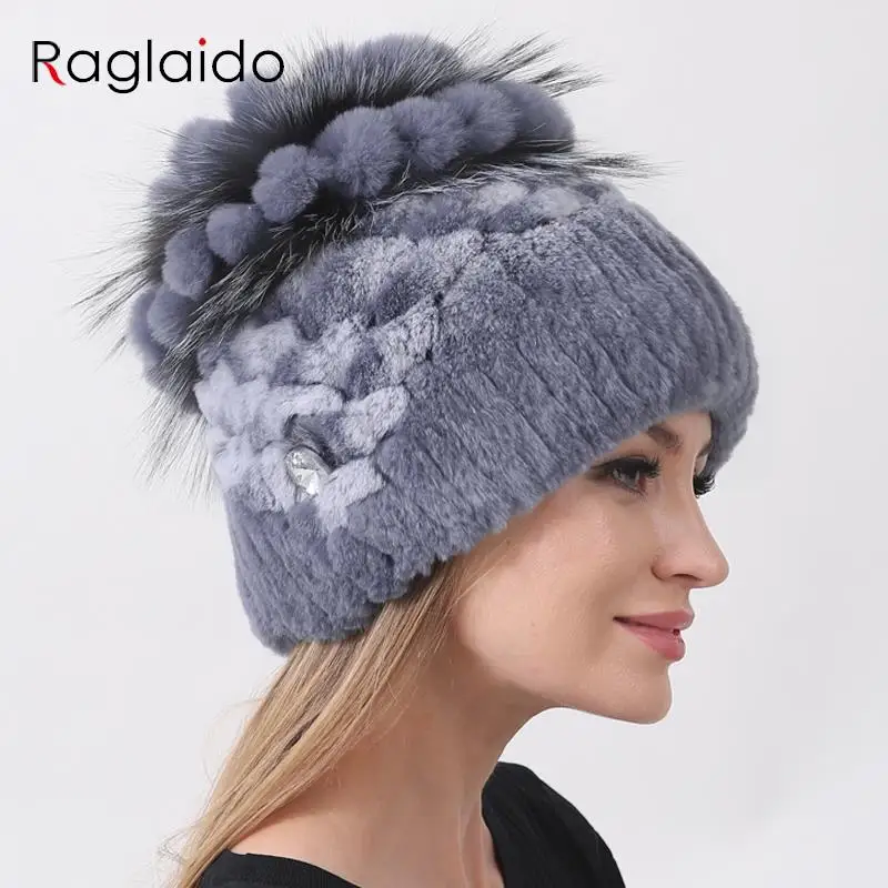 

Luxury Real Fur Winter Hat for Women Knitted Rex Rabbit and Fox Fur Cap Floral Snow Fashion Stylish Fur Hats