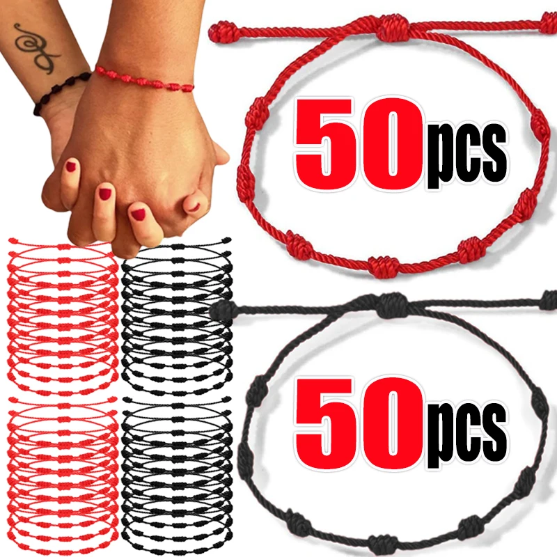 10/100pcs Handmade 7 Knots Red String สร้อยข้อมือสําหรับคนรักป้องกัน Lucky Amulet มิตรภาพ Braid เชือกสายรัดข้อมือเครื่องประดับของขวัญ