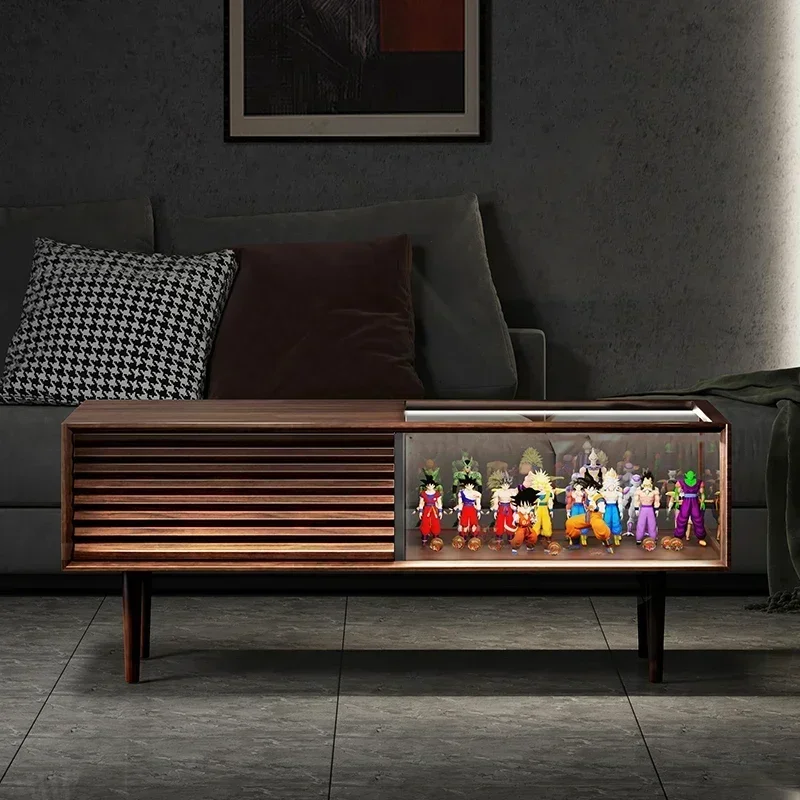 1Nordic Solid Wood Glass Display Coffee Table Black Walnut Ribbon Light Multifunctional Locker Lego Ins Style