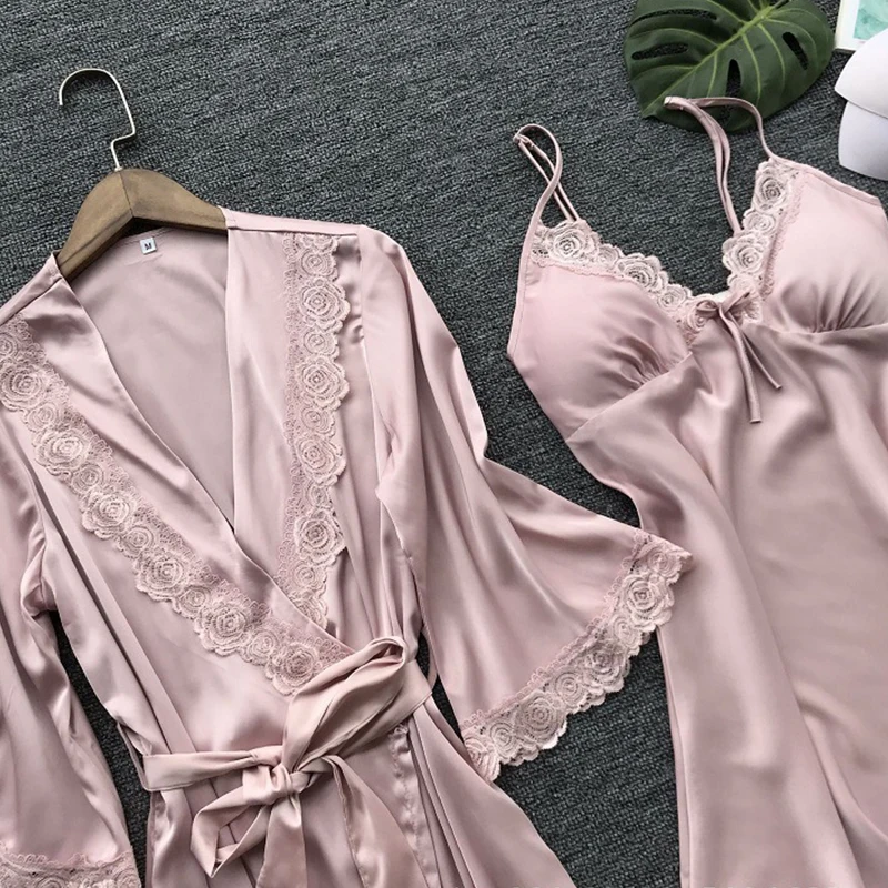 2PCS Leepwear Female Pajamas Set Satin Home Pyjamamas Lace Robe Sleep Suit V-Neck Wedding Nightwear Wear Nighty&Rob