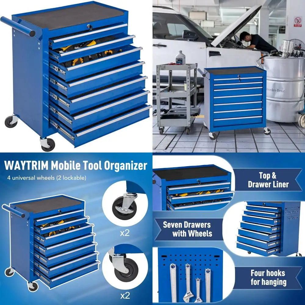 "Metal Rolling 7-Drawer Tool Chest with Lockable Storage Cabinet for Workshop Repairs"