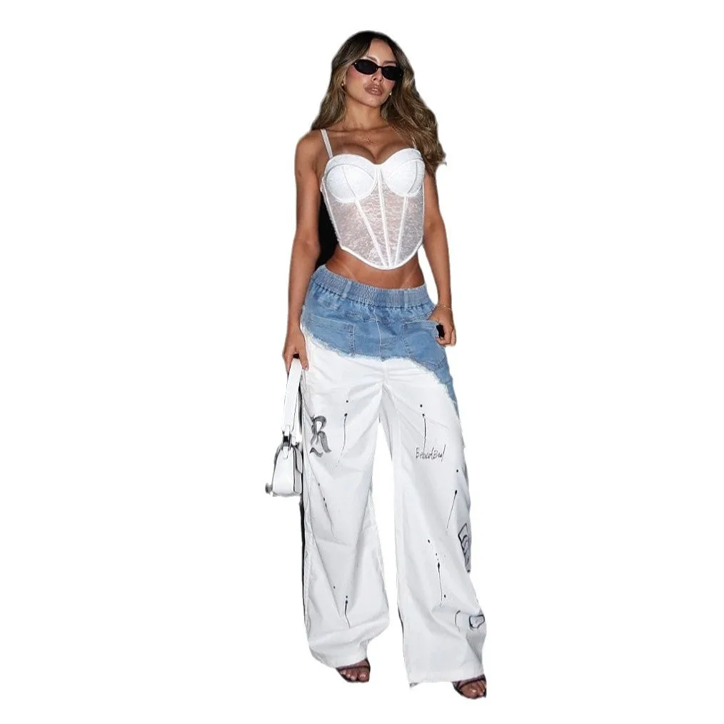 Jeans graffiti con giunture irregolari europee e americane da donna dritti a vita alta primavera nuovi pantaloni casual denim per bambini