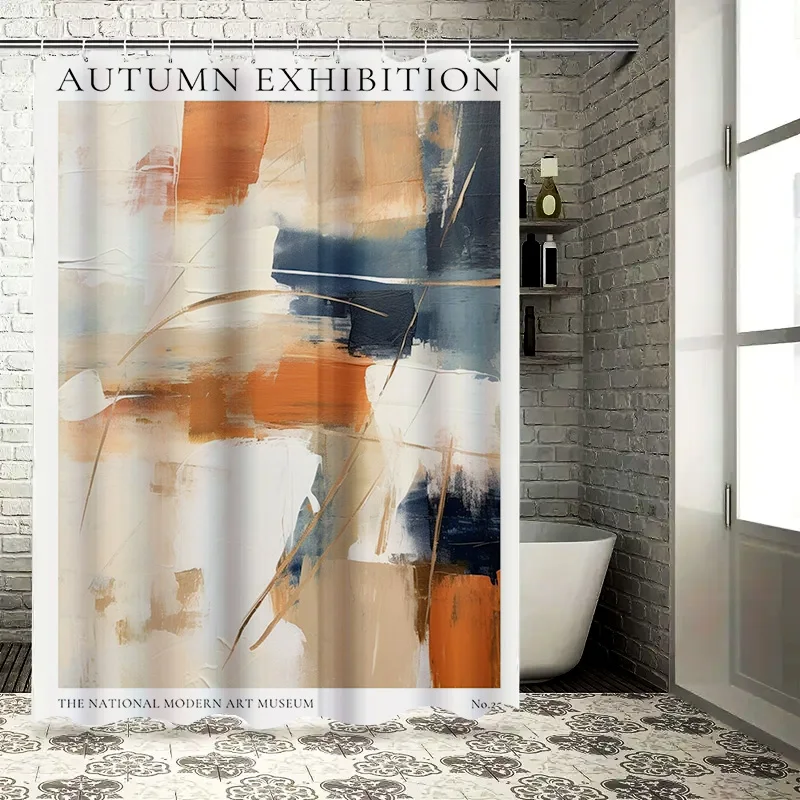 

Autumn Collection Art Shower Curtain for Bathroom Decor Modern Abstract Design with White Orange Blue Colors.