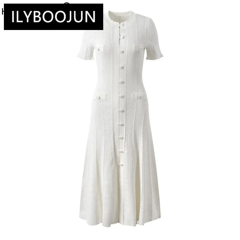 

Lady Vintage French Style Round Collar Short Sleeve Fit And Flare Single-breasted Hollow Out Knits Long Dress Women