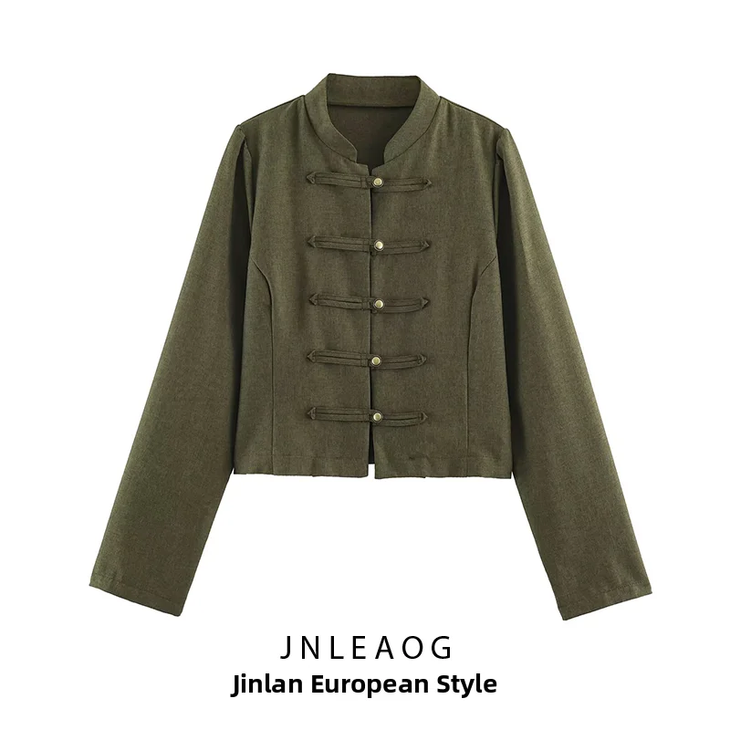 Comfortable Fashionable New Chinese Style Women's Short Coat Green Military Color Button up Top Quality Polyester Fiber