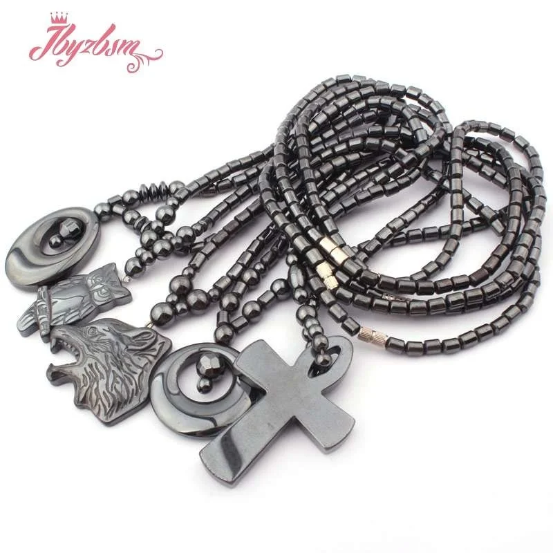 4x5mm Column Black Hematite Promote Blood Circulation Energy Healing Stone Heart Cross Pendant Necklace Jewelry Magnet Clasp 17\