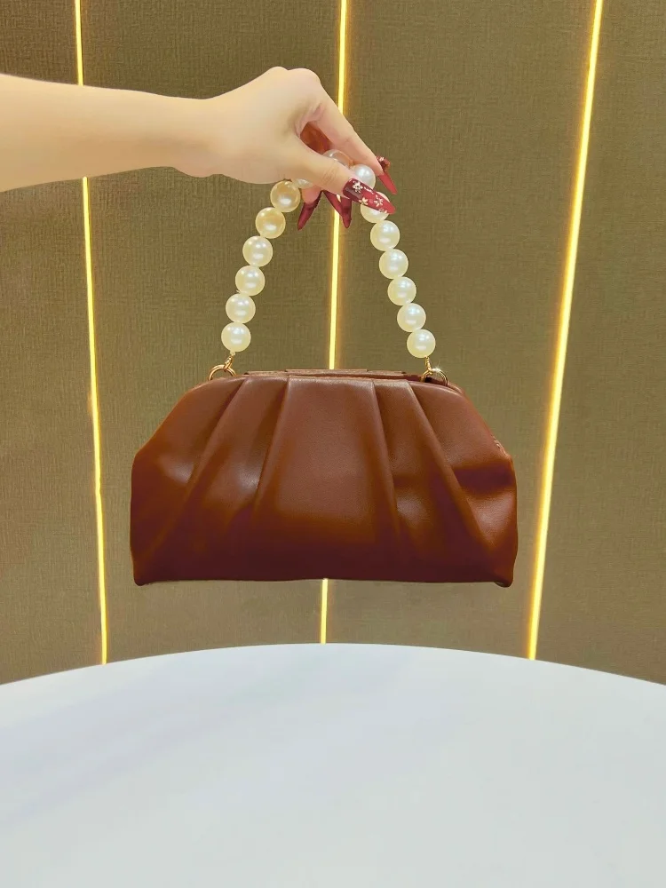 

New Elegant Bead Handle Folded Cloud Bag for Women Luxury Designer Wedding Evening Purse Lady Versatile Handbags Shoulder Bag