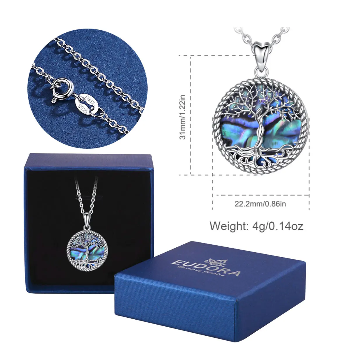 EUDORA 925 Sterling Silver Tree Of Life Pendant Silver Leaf Blue Mother of Pearl Necklace Women Fine Jewelry Mom Gift with Box