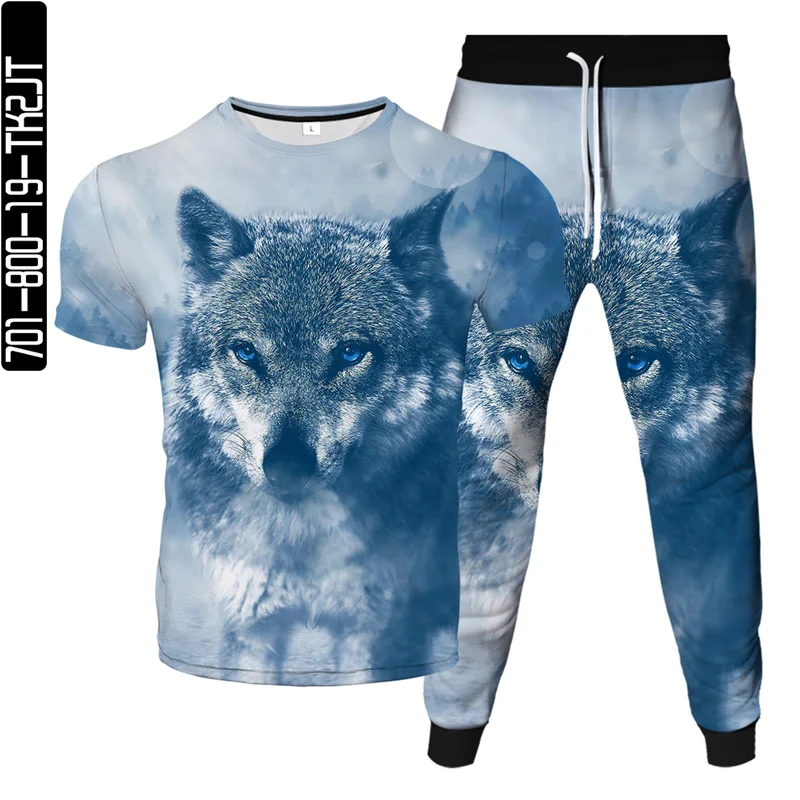 Wolf Animal Harajuku Galaxy Moon Printed Women's Men's T-Shirts Trousers 2pcs Sets Homme Tracksuit Clothing Suit Oversized S-6XL