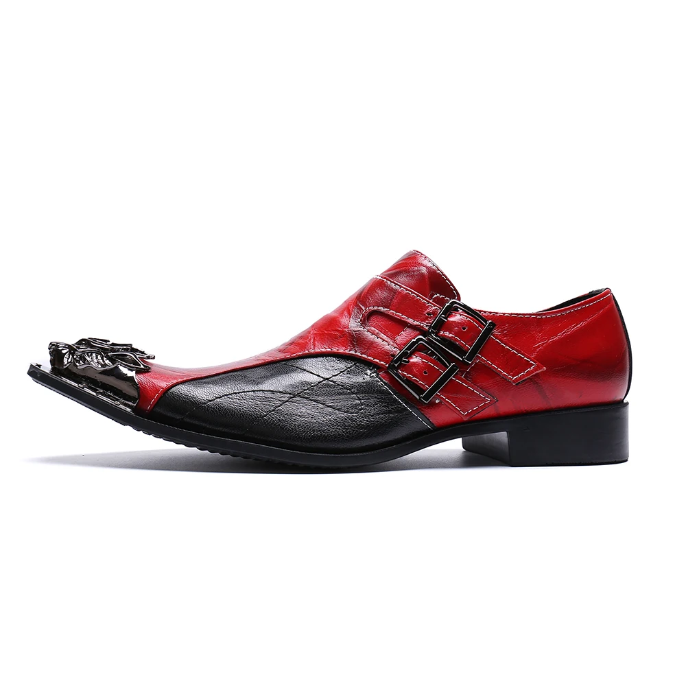 Handmade Red Men Metal Pointed Toe Brogue Shoes Wedding Prom Dress Shoes Male Plus Size Genuine Leather Formal Oxfords Shoes