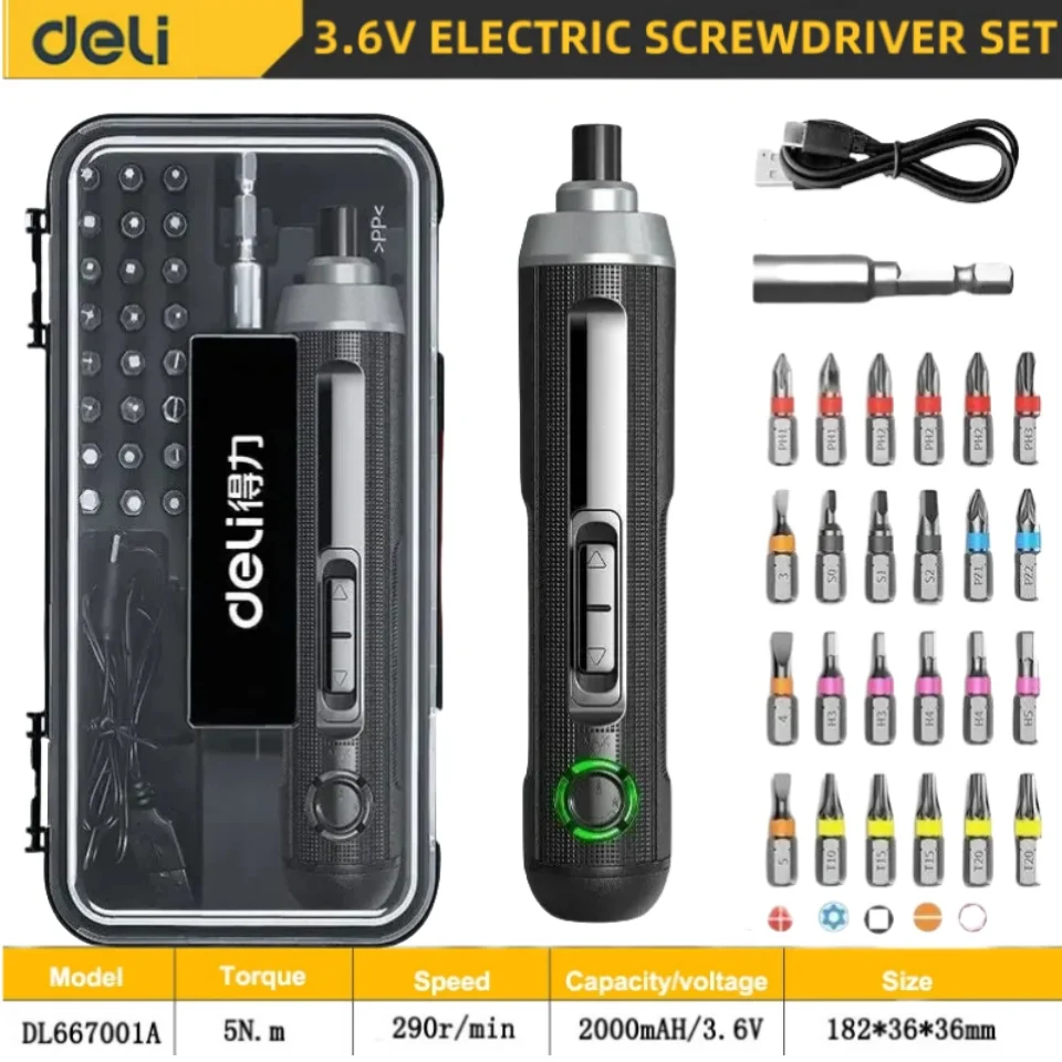 

DELI 3.6V Cordless Screwdriver Rechargeable Lithium Battery Screwdriver Adjustable Torque with LED Light Electric Repair Tool