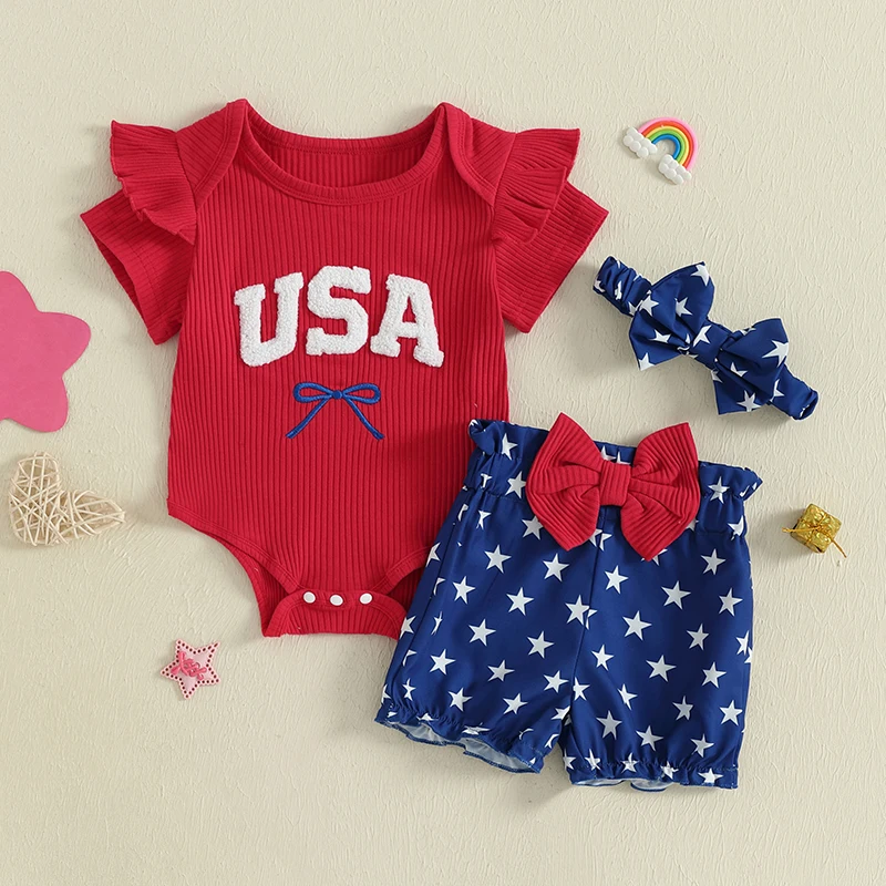 4th of July Baby Girl Outfits Letter Flag Embroidery Short Sleeve Romper Star Print Shorts Headband 3Pcs Clothes Set