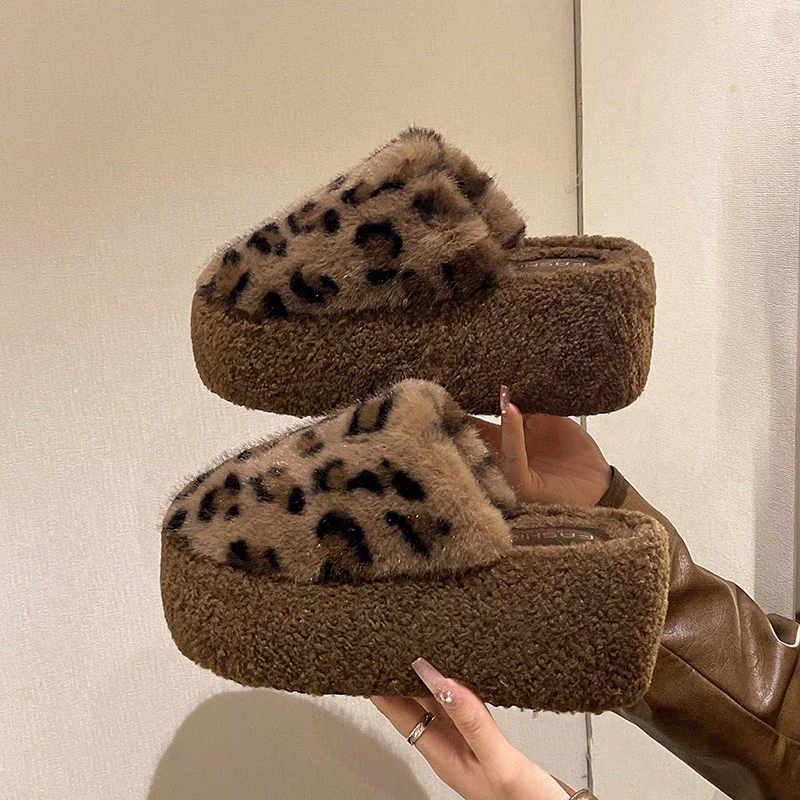 Women Fur Platform Slides Leopard Print Thick Women Shoes Slippers Winter Trend Plush Warm Outdoor Flip Flop Snow Botas Mujer