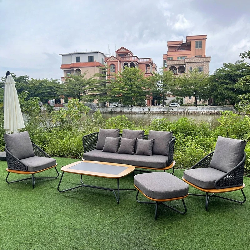 

Outdoor rattan sofa chair pineapple grid solid wood waterproof and sunscreen