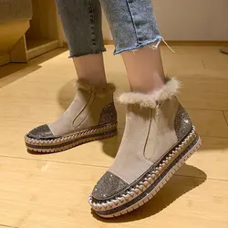 Luxury Fur Platform Women Ankle Boots Fashion Rhinestone Round Toes Design Thick Bottom Woman Snow Boots Winter Botas Plus Size