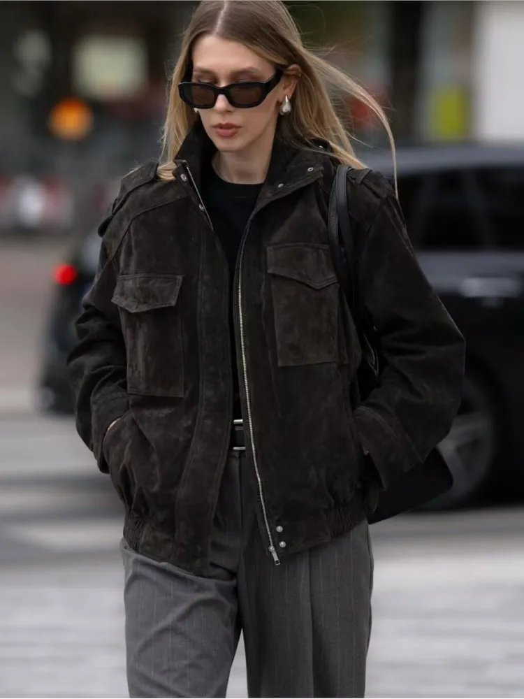 HipSeam 2025 الخريف المرأة معطف غير رسمي موضة الصلبة الكاكي سستة جيوب مطاطا هيم الجلد المدبوغ امرأة خمر اقتصاص سترة الشارع