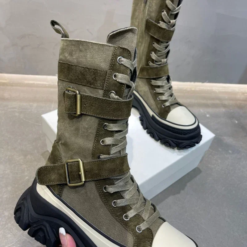 Trendy Punk Women Boots Mid-calf Ladies Boots Patchwork Woman Designer Shoes Buckle Strap Decoration Motorcycle Boot Botte Femme