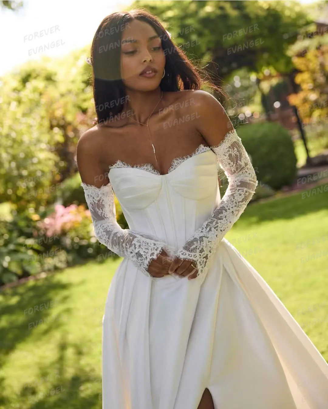 ชุดแต่งงานเรียบง่ายปี 2026 ทรงเอไลน์ ผ้าซาติน ชุดเจ้าสาวแบบเปิดไหล่ แขนยาวลูกไม้ ผ่าข้าง สามารถสั่งตัดได้