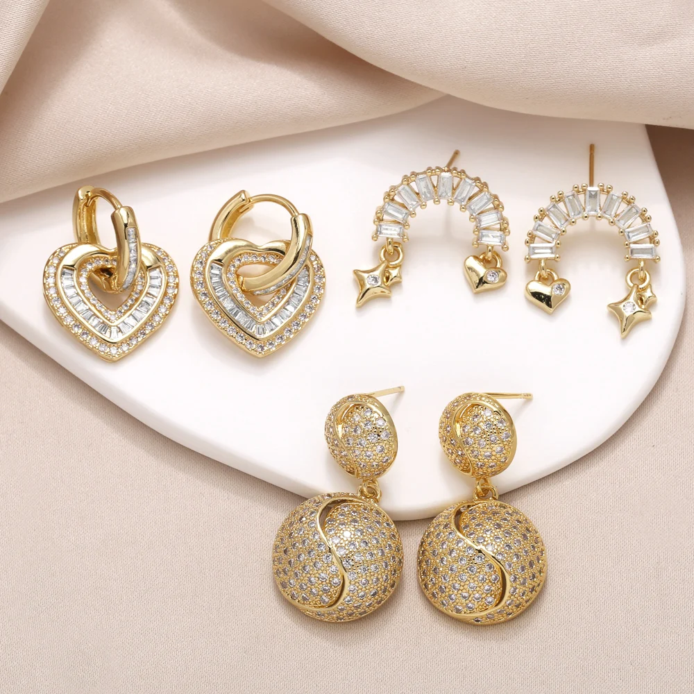 FLOLA Luxury Clear Crystal Heart Earrings for Women Gold Plated Round Dangle Earrings CZ Jewelry Gifts ersa145