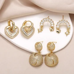 FLOLA Luxury Clear Crystal Heart Earrings for Women Gold Plated Round Dangle Earrings CZ Jewelry Gifts ersa145