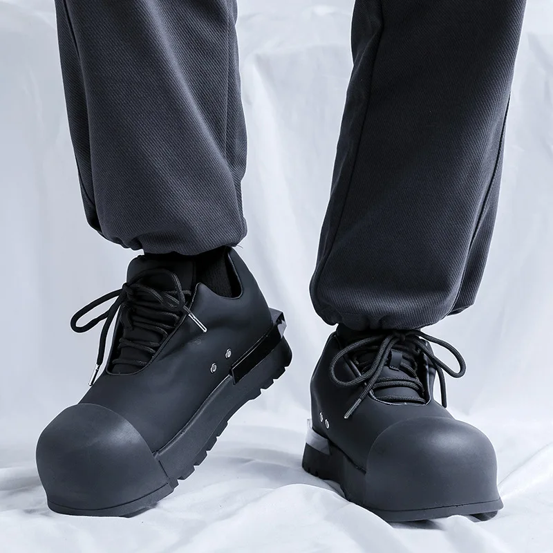 Plus Size Men Fashion punk Rock Platform Boots Black Trendy Genuine Leather Shoes Cowboy Ankle Boot Designer Big Toe Short Botas