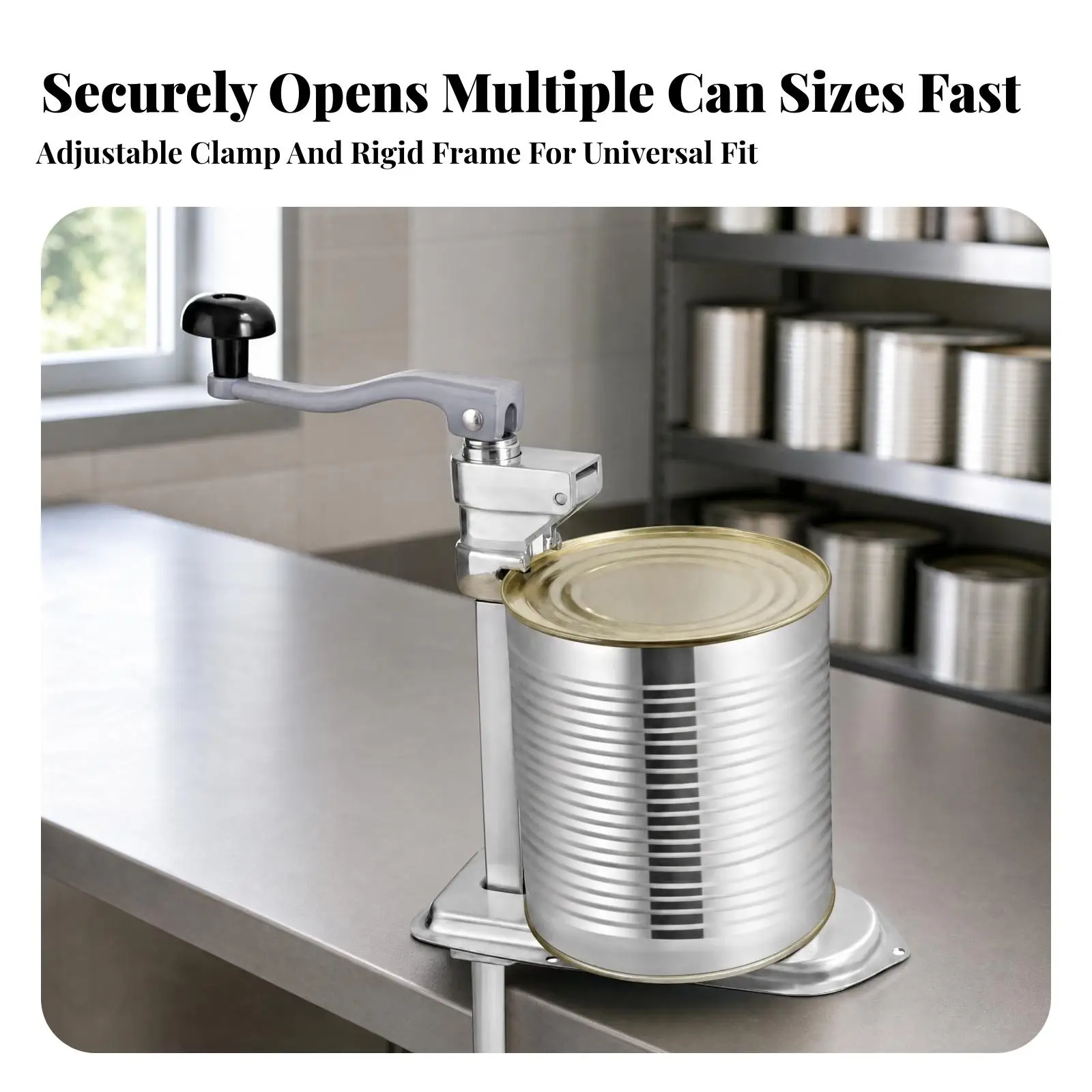 Upright Hand Operated Can Opener Silver Steel Construction for Restaurant Hotel Kitchen High Volume Use