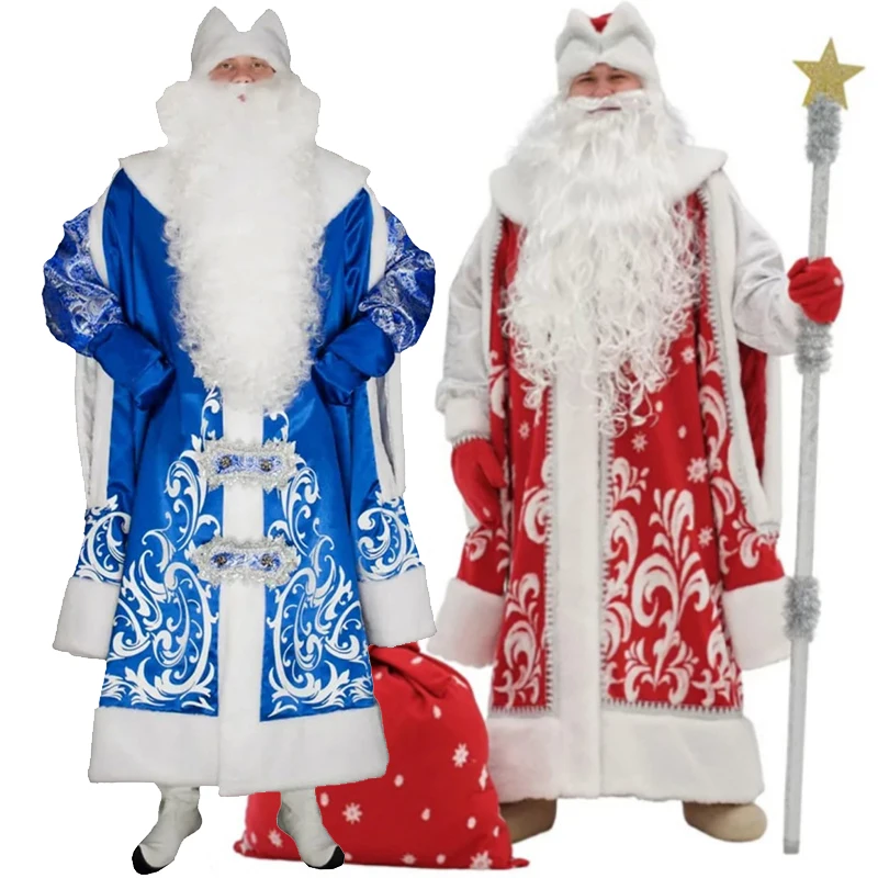 Erwachsenen-Weihnachtsmann-Maskerade, Weihnachtsfeier, Kostüm, blaues Outfit, roter Vater Frost, langes Gewand, Herren-Ded-Kostüm – Detail 1