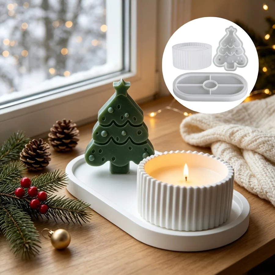 3-piece set resin silicone molds for making epoxy resin  Christmas tree candles and oval tray molds, DIY crafts, and home decor