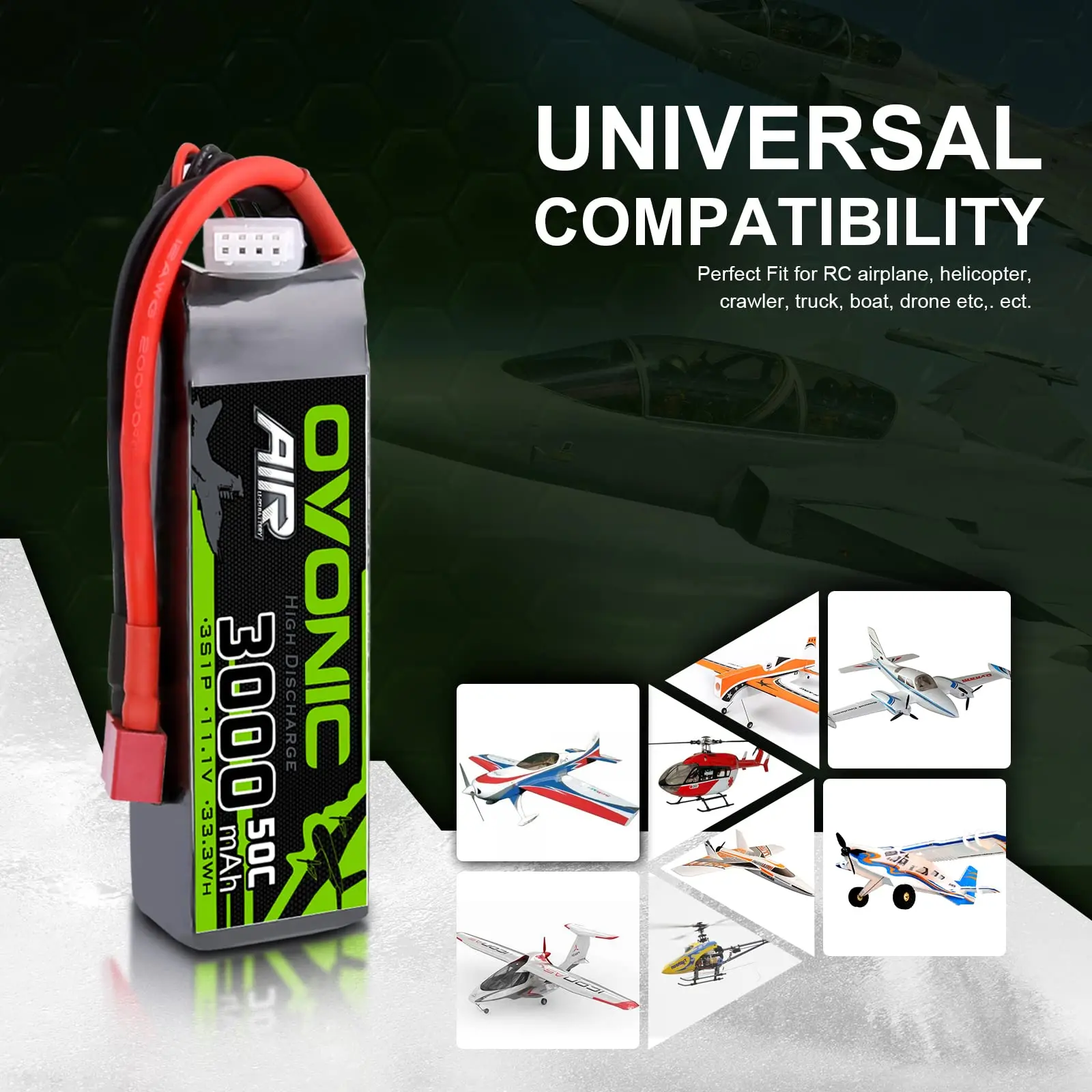 Batteria Lipo Ovonic 3000mAh 3S 50C lunga 11,1 V con spina T per velivoli