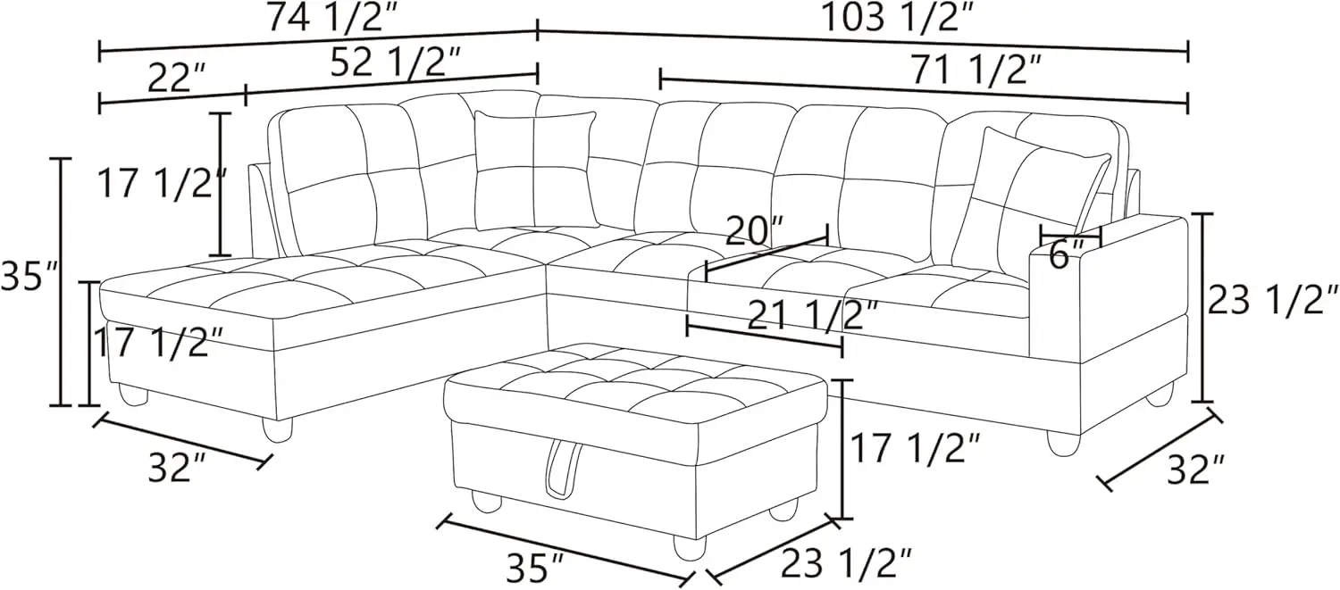 Set Sofa bagian berbentuk L Modern dengan Ottoman penyimpanan, kursi malas menghadap kiri, sandaran bolak-balik dengan 2 tempat cangkir, Linen