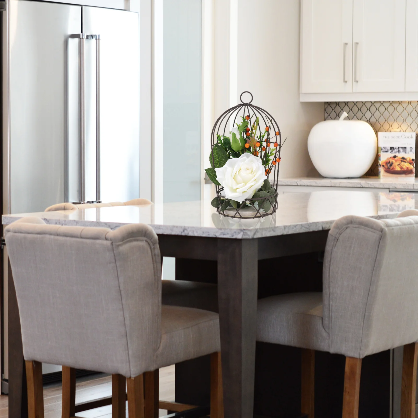 

1Pcs Simulation Rose Bird Cage White Festival Dining Table Decoration Hanging Decorative Birdcage Flower Ornaments Iron