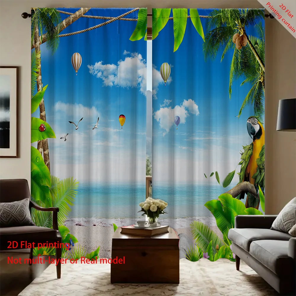 Sea view coconut tree printed curtains, dormitory office bedroom living room sunshade curtains, beautiful home decoration