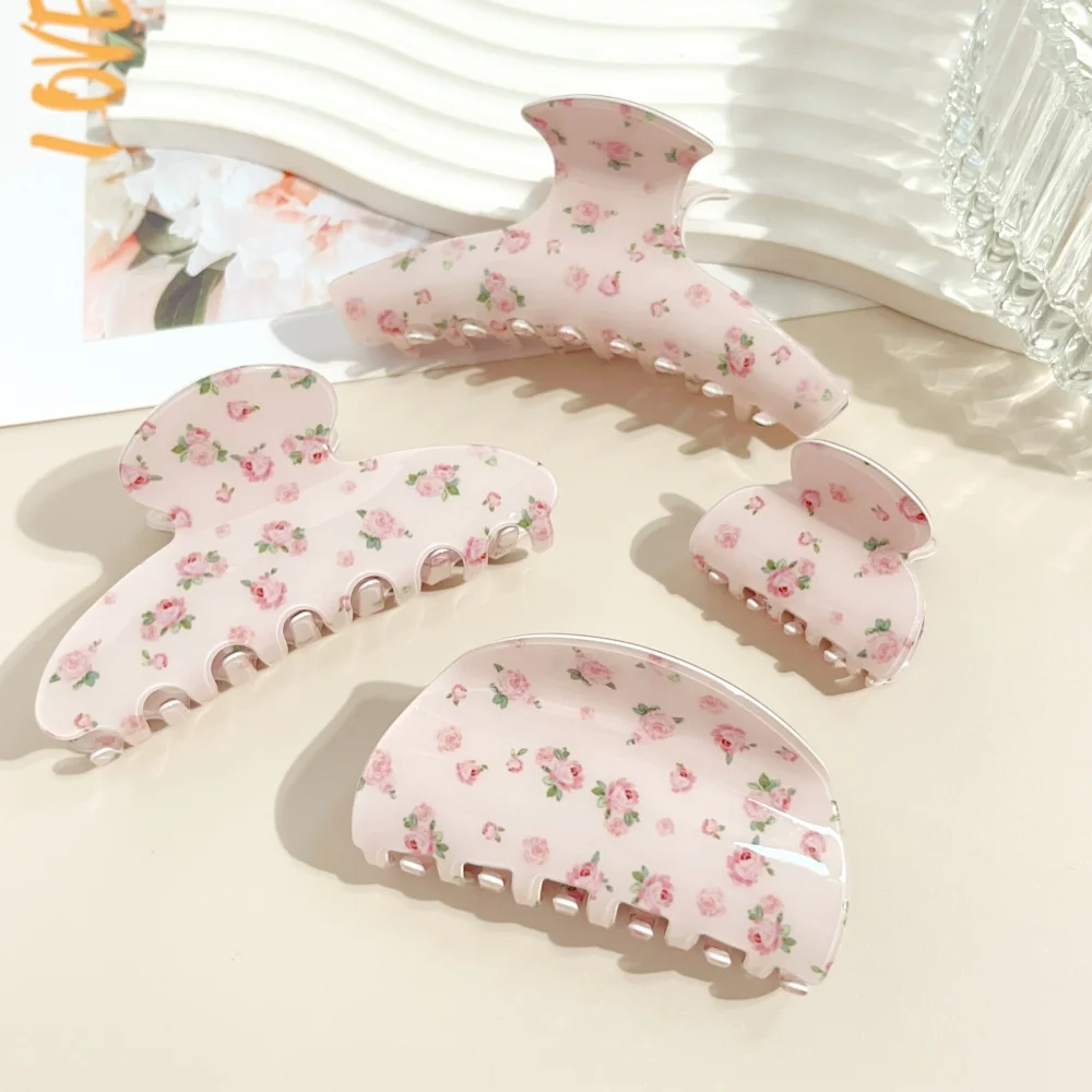 Neue Rosa Blumenmuster Acetat Haarspange für Damen und Mädchen, Große und Kleine Schweißblumen-Haarklammer, Haarstyling-Accessoires, Geschenk – Detail 7