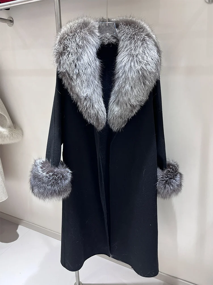 2025 Cappotto di vera pelliccia Giacca invernale da donna Collo di pelliccia di volpe naturale Polsini Cashmere Lana Cappotto lungo di lana Capispalla da donna Streetwear