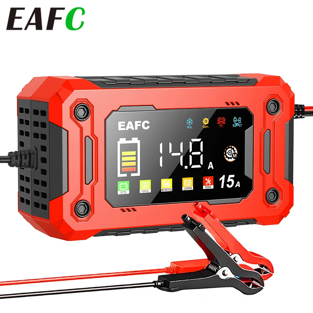 12V 8A/15A Caricabatteria per auto completamente automatico Smart Pulse Repair Schermo a colori per AGM GEL WET Caricatore al piombo Display LCD