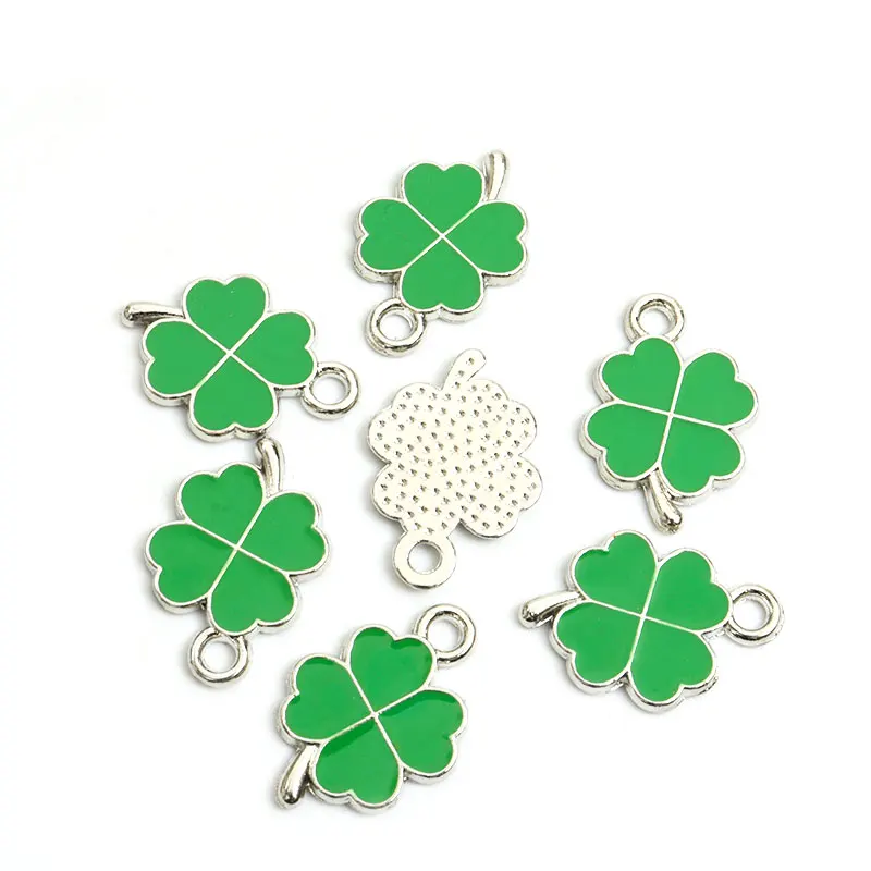 Lucky Four Leaf Clover Charms Silver Color Enamel Pendant DIY Making Necklace Earring Handmade Finding Jewelry Craft Accessories