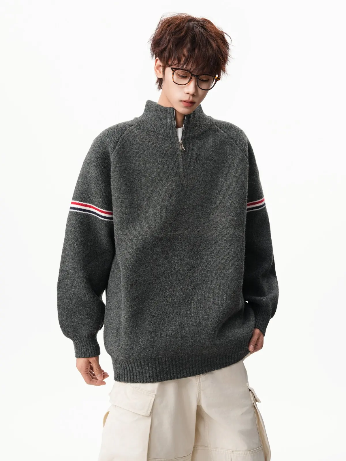 Striped contrast color half zipper stand collar cashmere sweater men's autumn and winter loose lazy sweater top