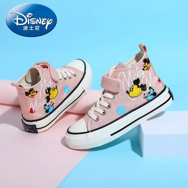 Mickey Girls Canvas Shoes 2024 New Fashion immagini reali di alta qualità Casual bambini Cartoon Graffiti High-top Boys Board Shoes